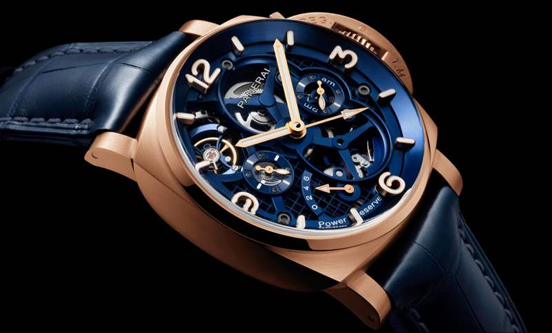 華麗撞色！紅金殼配鍍藍面｜Panerai Luminor陀飛輪兩地時間紅金腕表-PAM01060-復刻表